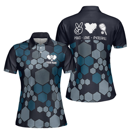 Custom Name Love Peace Pickleball Hexagon Pattern Women's Polo Shirt S-5XL