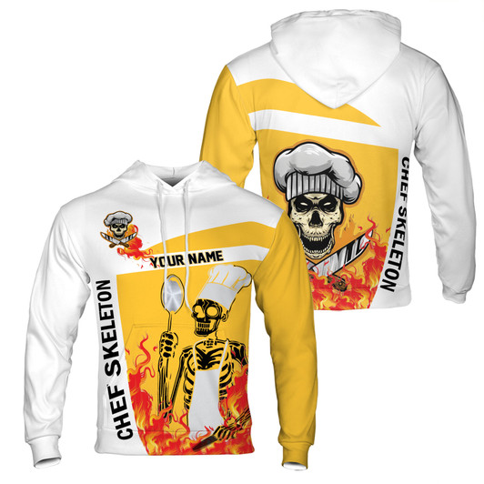 Custom Name Chef Skeleton Flaming Cooking Hoodie S-5XL