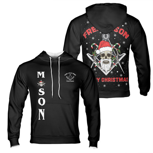 Peronalized Freemason Merry X-mas with Santa Skull Mason Symbol Hoodie S-5XL