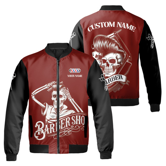 Customized Name Skull Slicked Hair Barber Shop Bomber Jacket S-5XL