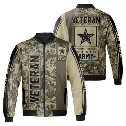 Custom Name Veteran US Army Camo Olive Green Bomber Jacket S-5XL, For Veteran
