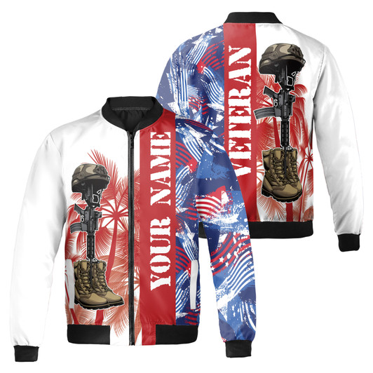 Custom Name Veteran America Palm Trees White Red Blue Bomber Jacket S-5XL