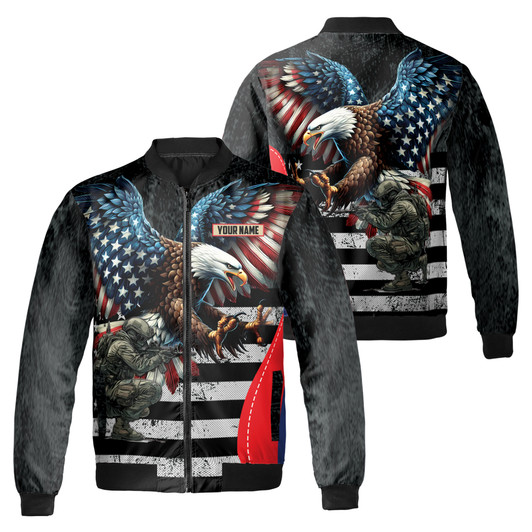 Custom Name Veteran Soldier Eagle American Flag Black Bomber Jacket S-5XL
