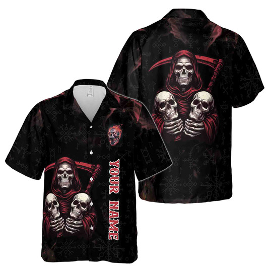 Custom Name Grim Reaper Scythe Skulls Fire Runes Pattern Hawaiian Shirt S-5XL