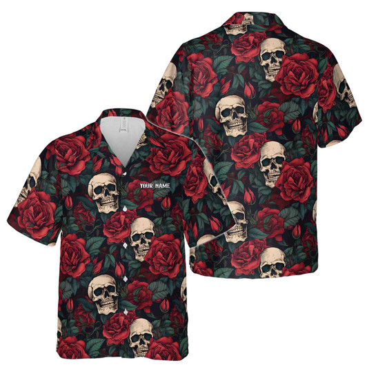 Custom Name Skull Red Rose Pattern Black Hawaiian Shirt S-5XL, Gift For Friend