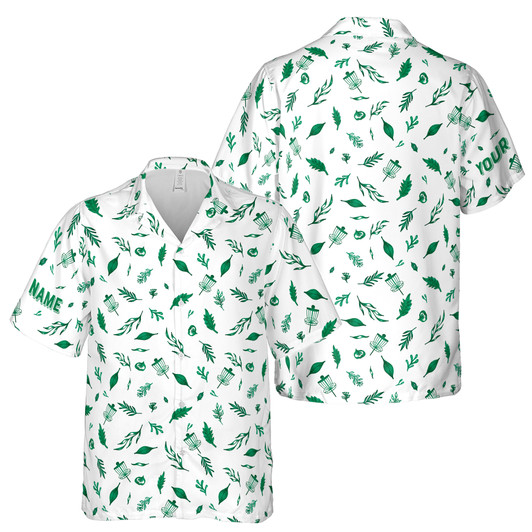 Custom Name Disc Golf Small Leaves Pattern White Hawaiian Shirt S-5XL