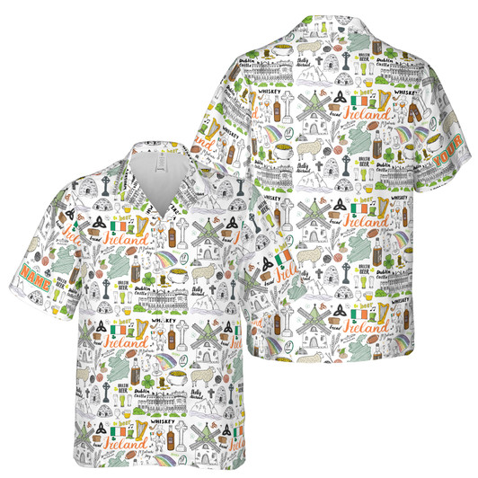 Custom Name Irish Culture Iconography Pattern White Hawaiian Shirt S-5XL