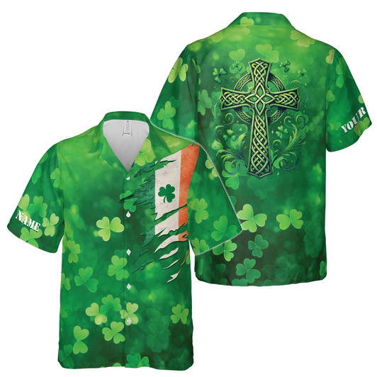 Custom Name Irish Flag Celtic Cross Clover Pattern Green Hawaiian Shirt S-5XL