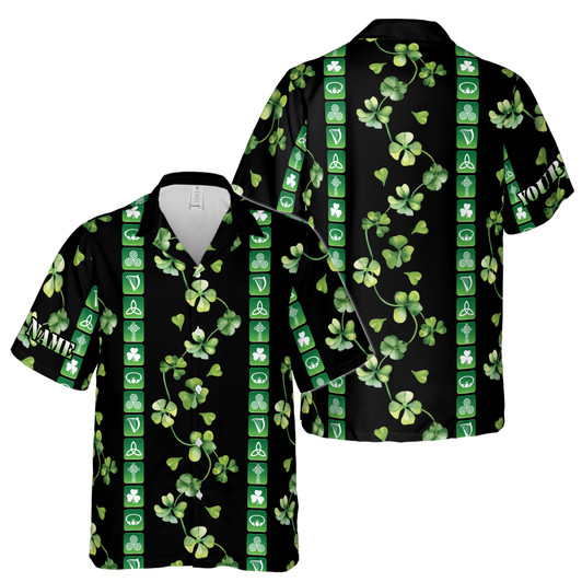 Custom Name Irish Culture Iconography Clover Pattern Black Hawaiian Shirt S-5XL