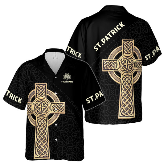 Custom Name Celtic Cross Runes Black Hawaiian Shirt S-5XL, Saint Patrick's Day