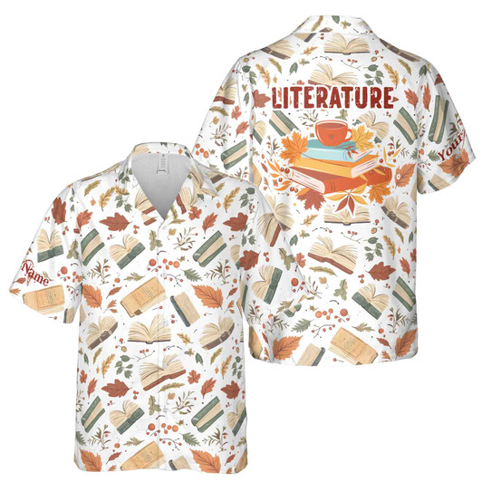 Custom Name Literature Book Autumn Leaves Pattern White Hawaiian Shirt S-5XL
