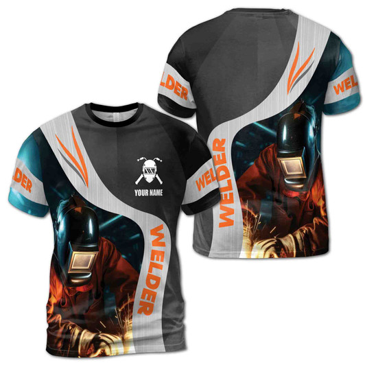 Custom Name Welder Spark Torch Mask Metal Pattern Gray 3D T-Shirt S-5XL