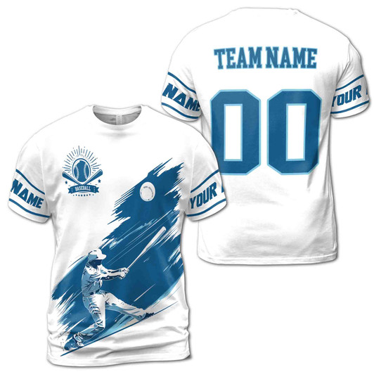 Custom Team Name Baseball Players Swung Bat Hit Ball Blue White 3D T-Shirt S-5XL
