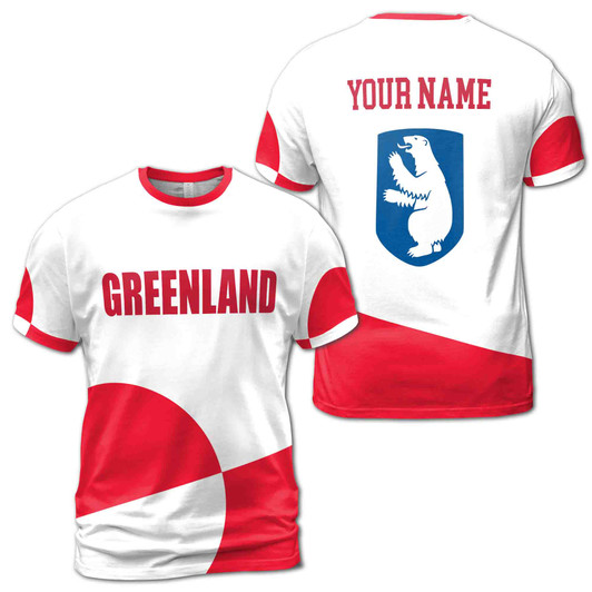 Custom Name Greenland Flag Coat Of Arms White Red 3D T-Shirt S-5XL