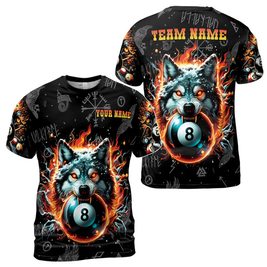 Custom Team Name Billiards Balls And Fire Wolf Wilderness Norse 3D T-Shirt S-5XL