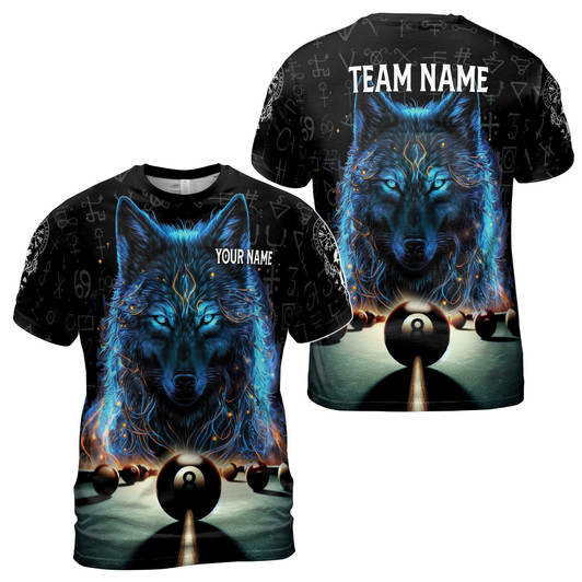 Custom Team Name Billiards And Wilderness Wolf Rune Magic Black 3D T-Shirt S-5XL