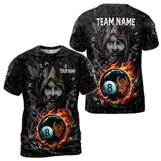 Custom Team Name Billiards And Odin Wolf Raven Norse Rune Black 3D T-Shirt S-5XL