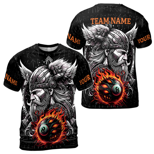 Custom Team Name Billiards Viking Monster Ball Fire Rune Black 3D T-Shirt S-5XL
