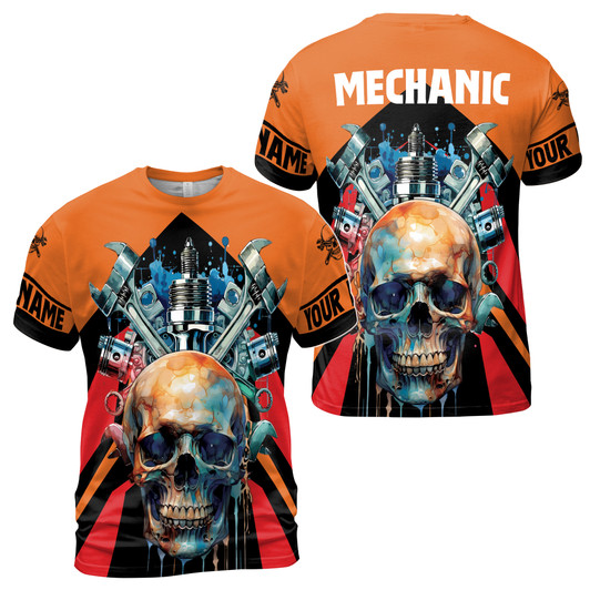 Custom Name Mechanic Wrench Tools Skull Industrial Art Orange 3D T-Shirt S-5XL