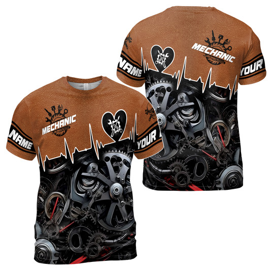 Custom Name Mechanic Wrench Heart Beat Gears Leather Brown 3D T-Shirt S-5XL