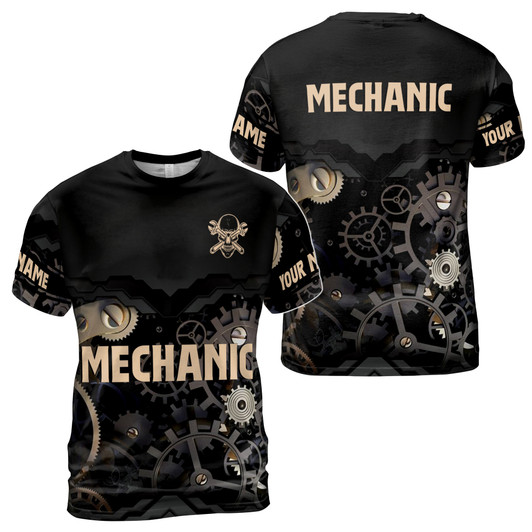 Custom Name Mechanic Wrench Skull And Gears Black Beige 3D T-Shirt S-5XL