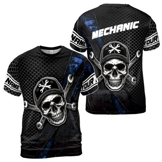 Custom Name Mechanic Wrench Skull Hexagon Pattern Black 3D T-Shirt S-5XL