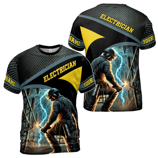 Custom Name Electrician Lightning Metal Pattern Black Yellow 3D T-Shirt S-5XL