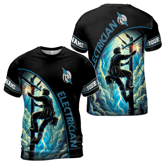 Custom Name Electrician Climbing Pole Sky Hand Lightning Black 3D T-Shirt S-5XL