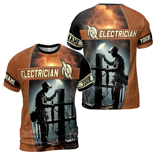 Custom Name Electrician Thunder Lightning Leather Pattern Brown 3D T-Shirt S-5XL