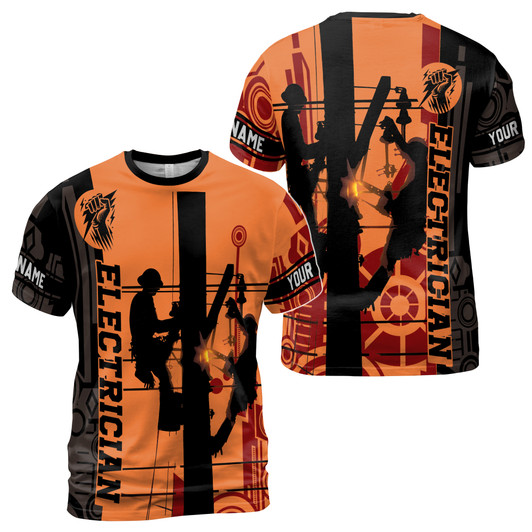 Custom Name Electrician At Work Hand Lightning Gears Orange 3D T-Shirt S-5XL
