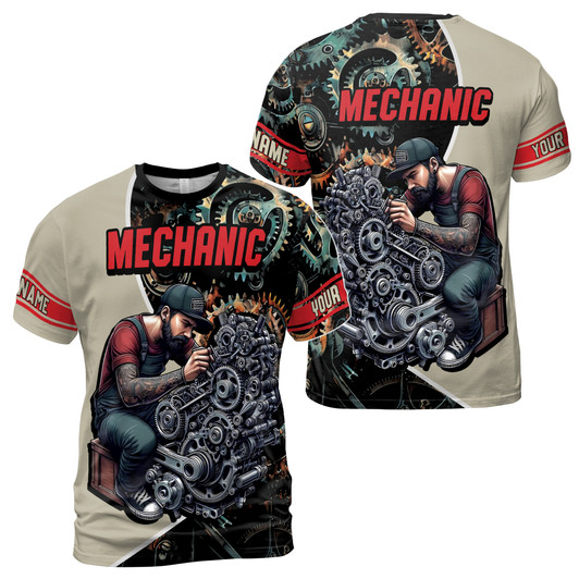 Custom Name Mechanic Tinkering With Wrech Gears Crate Beige 3D T-Shirt S-5XL