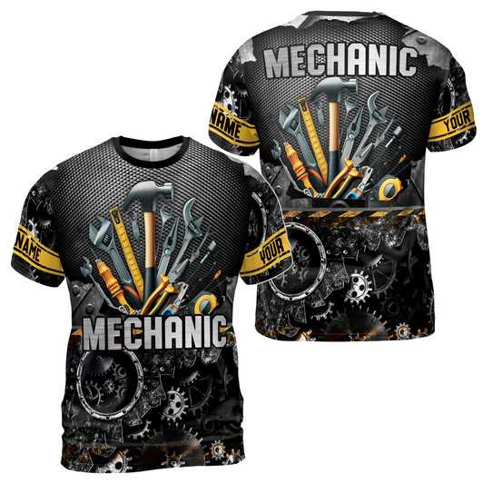 Custom Name Mechanic Tools Gears Metal Pattern Black Silver 3D T-Shirt S-5XL