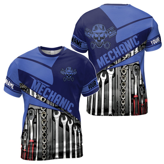 Custom Name Mechanic Tools Skull Industrial Art Blue 3D T-Shirt S-5XL