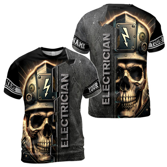 Custom Name Electrician Skull Helmet Metal Pattern Gray 3D T-Shirt S-5XL