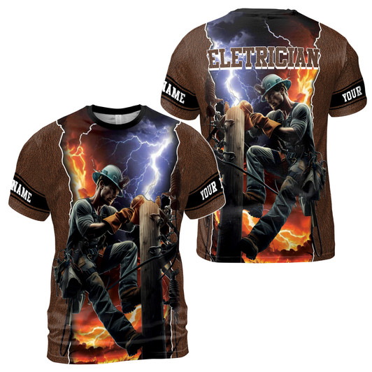 Custom Name Electrician Lightning Leather Pattern Brown 3D T-Shirt S-5XL