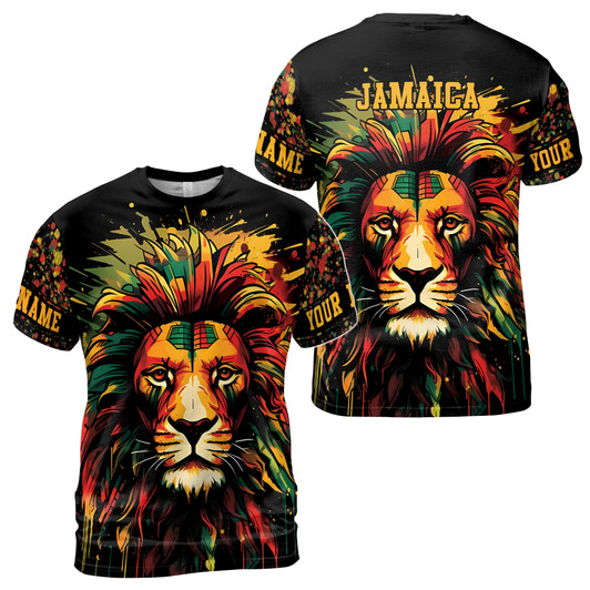 Custom Name Jamaica Flag Paint Splashes Lion Black Green Yellow 3D T-Shirt S-5XL