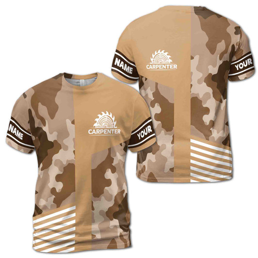 Custom Name Carpenter Saw Woodworking Camo Pattern Brown 3D T-Shirt S-5XL