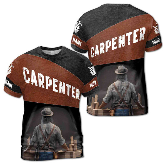 Custom Name Carpenter Tools Workbench Leather Brown Black 3D T-Shirt S-5XL