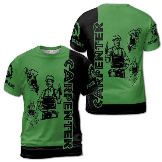 Custom Name Carpenter Woodworking Construction Black Green 3D T-Shirt S-5XL