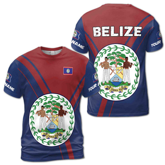 Custom Name Belize Flag Coat Of Arms Red Blue 3D T-Shirt S-5XL, Gift For Friend