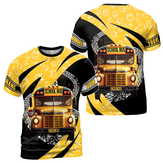 Custom Name Bold Back to School Tire Track Bus Black Yellow 3D T-Shirt S-5XL