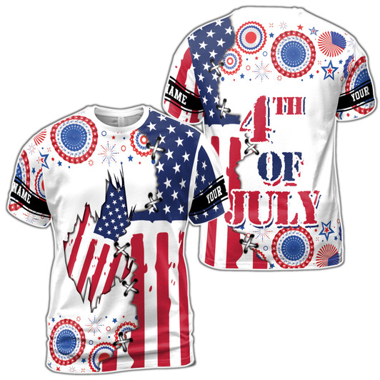 Custom Name American Flag Patriotic Celebration White 3D T-Shirt S-5XL