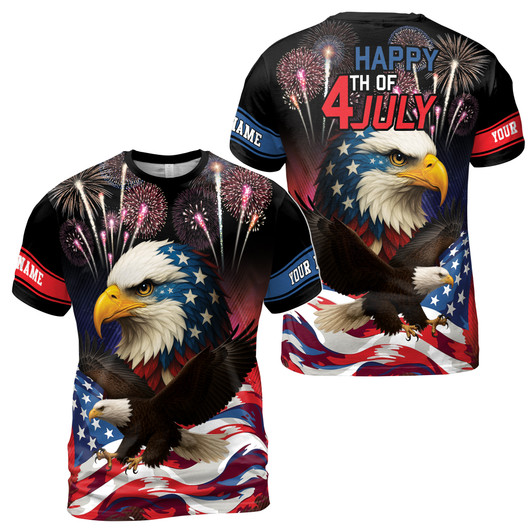 Custom Name Bald Eagle American Firework Black 3D T-Shirt S-5XL, 4th Of July
