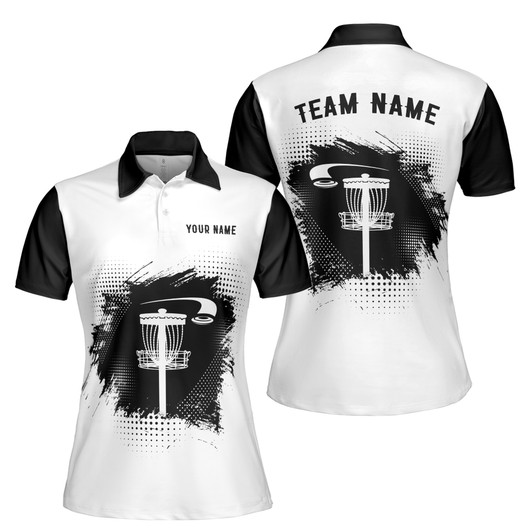 Custom Team Name Disc Golf Dot Pattern Black White  Women's Polo Shirt S-5XL