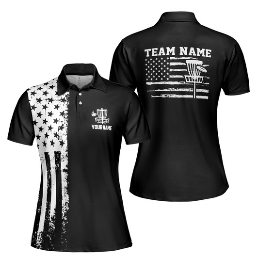 Custom Team Name Disc Golf American Flag Black White Women's Polo Shirt S-5XL