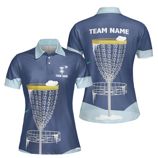 Custom Team Name Disc Golf Sport Snow Cloud Design Blue Women's Polo Shirt S-5XL