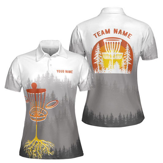 Custom Team Name Disc Golf Roots Forest White Gray Women's Polo Shirt S-5XL