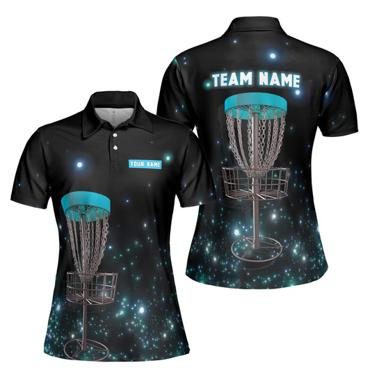 Custom Team Name Disc Golf Sport Glowing Dots Black Women's Polo Shirt S-5XL