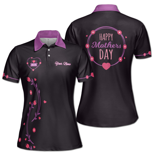 Custom Name Mom Hearts Floral Black Purple Women's Polo Shirt S-5XL, For Mom