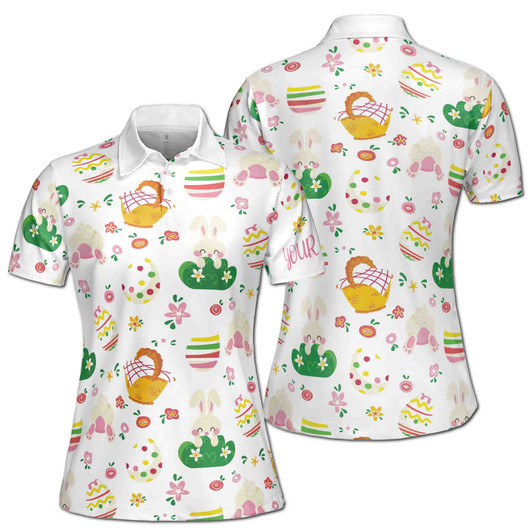 Custom Name Cute Rabbit And Eggs Floral White Women's Polo Shirt S-5XL